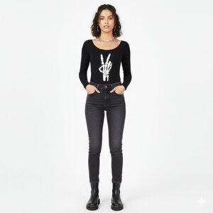 *Prague Black Peace Sign Skeleton Long Sleeve Body Suit
